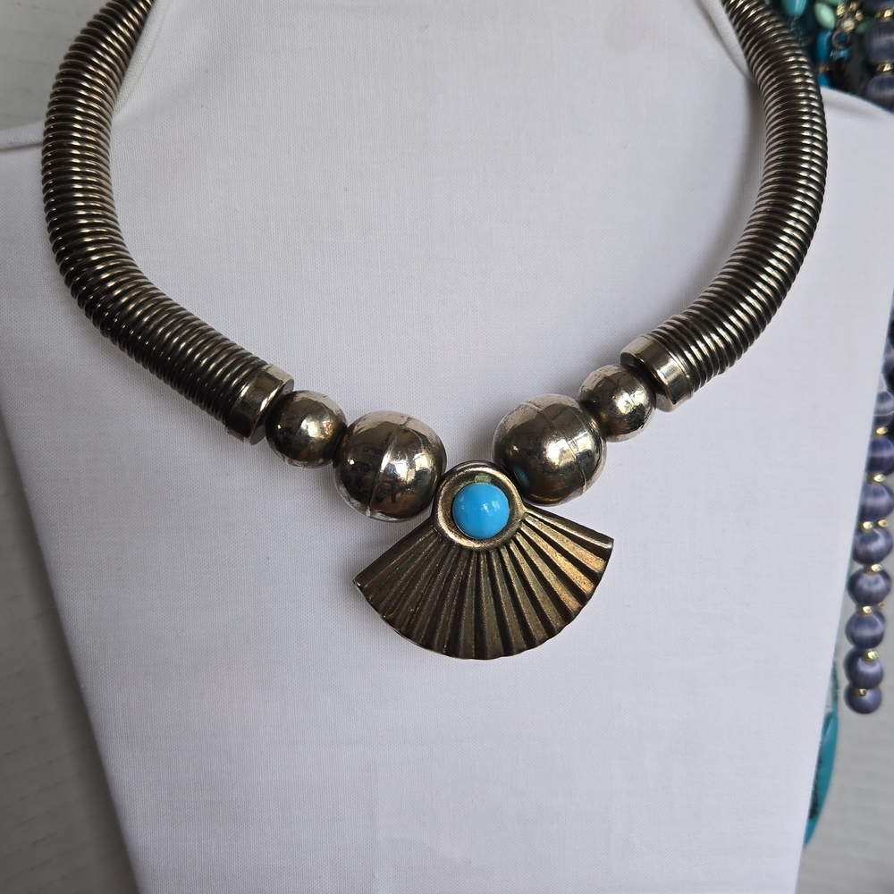 Vintage Silver-Tone Art Deco Necklace with Faux Turquoise Accent
